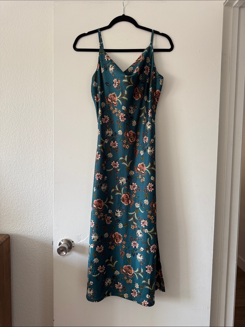 Inspired Hearts Teal Floral Satin Maxi Slip Dress
